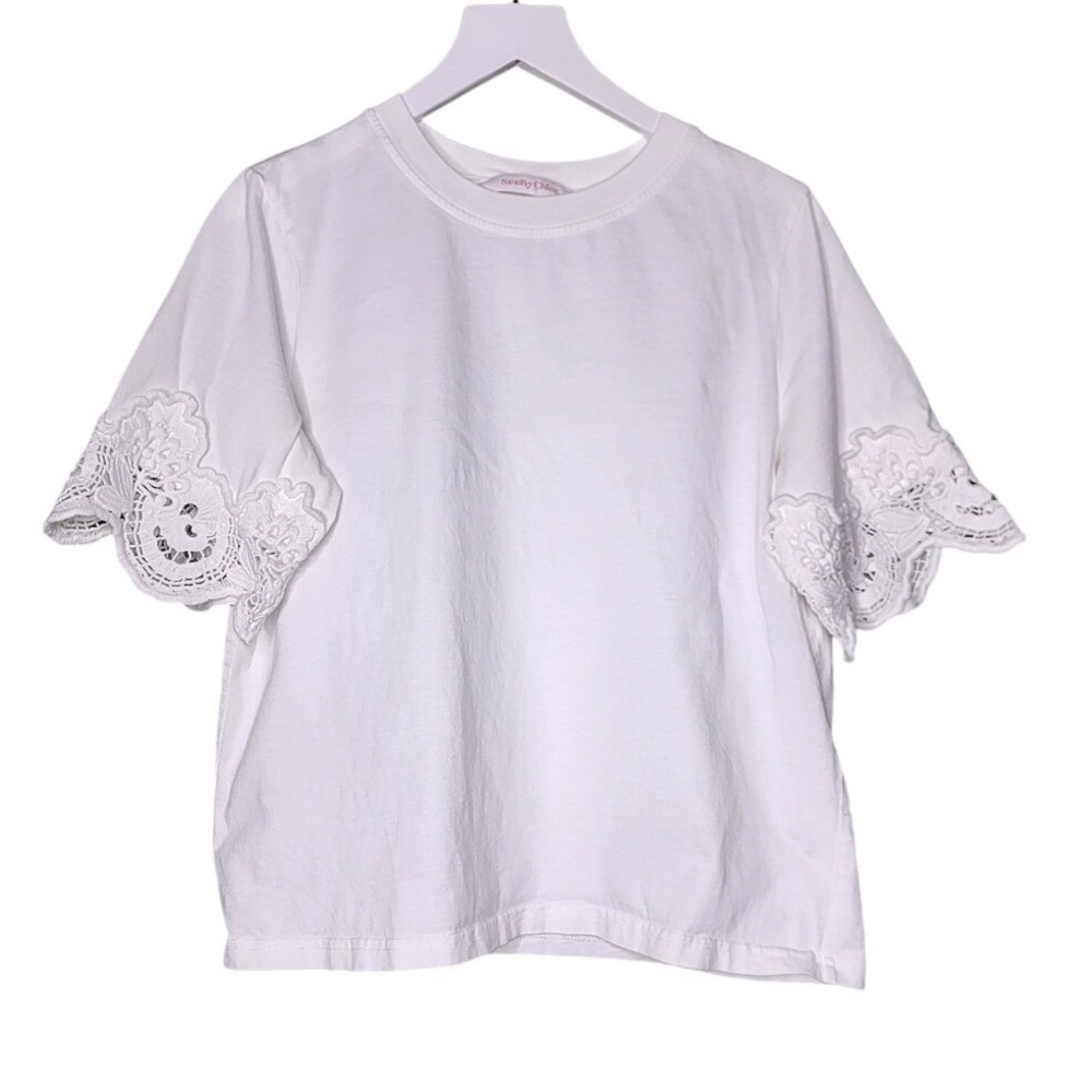 See By Chloe White‎ Scalloped Lace Short Sleeve Boxy Tee Boho Summer Resort XS